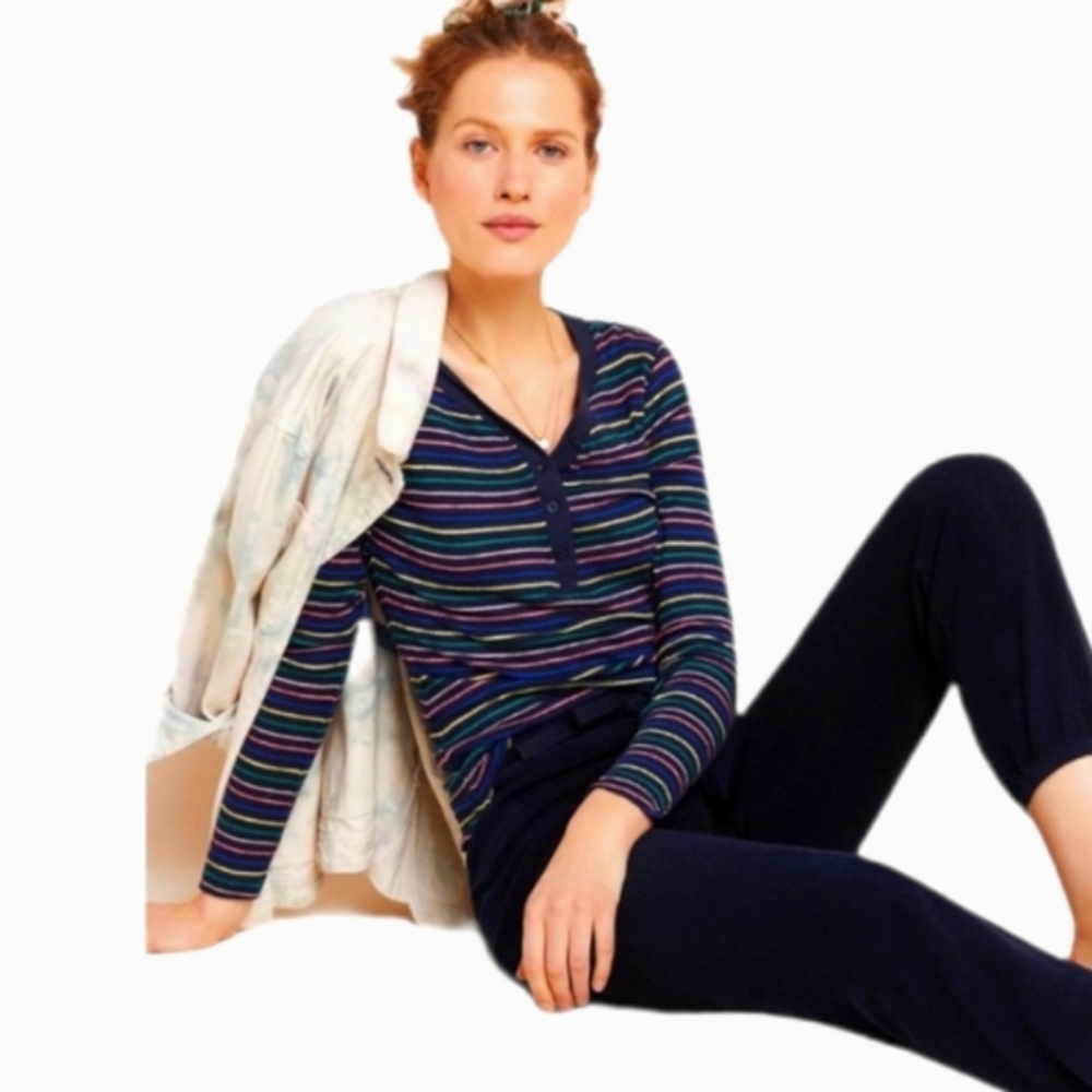 Sundry Rainbow Striped Henley Ribbed Long Sleeve Top SZ Medium